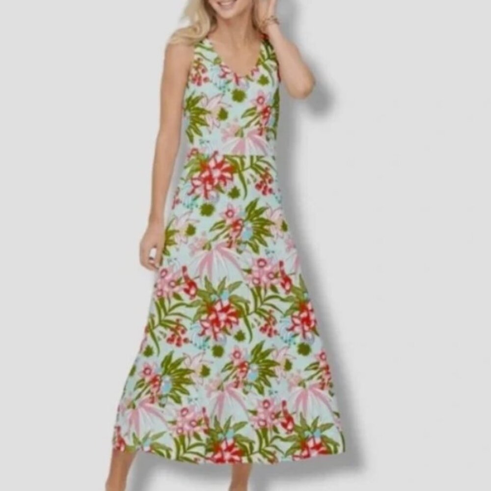 Talbots Tropical Floral Parrot Print Cotton Modal Midi Pink Tank Dress sz M